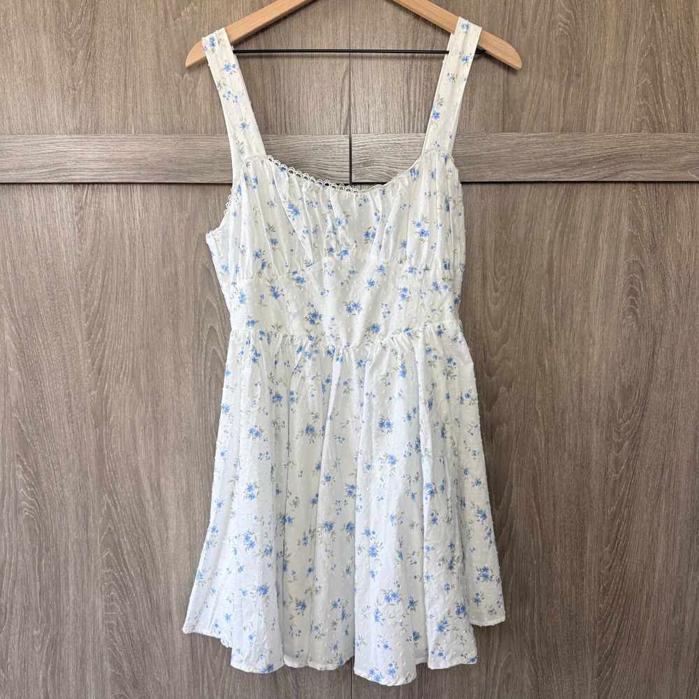 Altar'd State Mini Dress Womens XL White Blue Floral Bow Back Cottagecore NWT